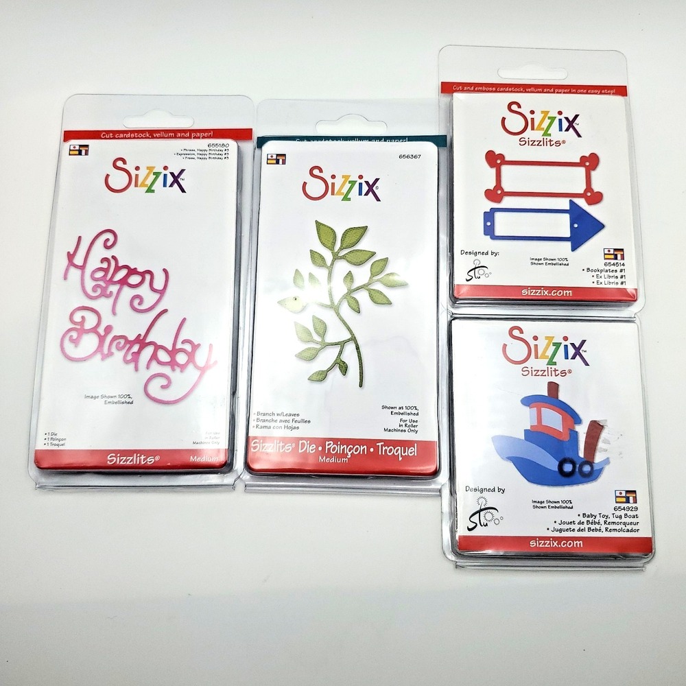 Sizzix‎ Sizzlits Y2K Dies Lot Of 4 - Tug Boat, Branch, Happy Birthday Bookplates
